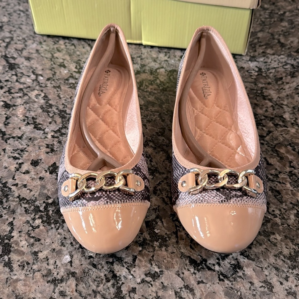 Spring Step Beige Patent & Snake Print Chain-Trim Flats